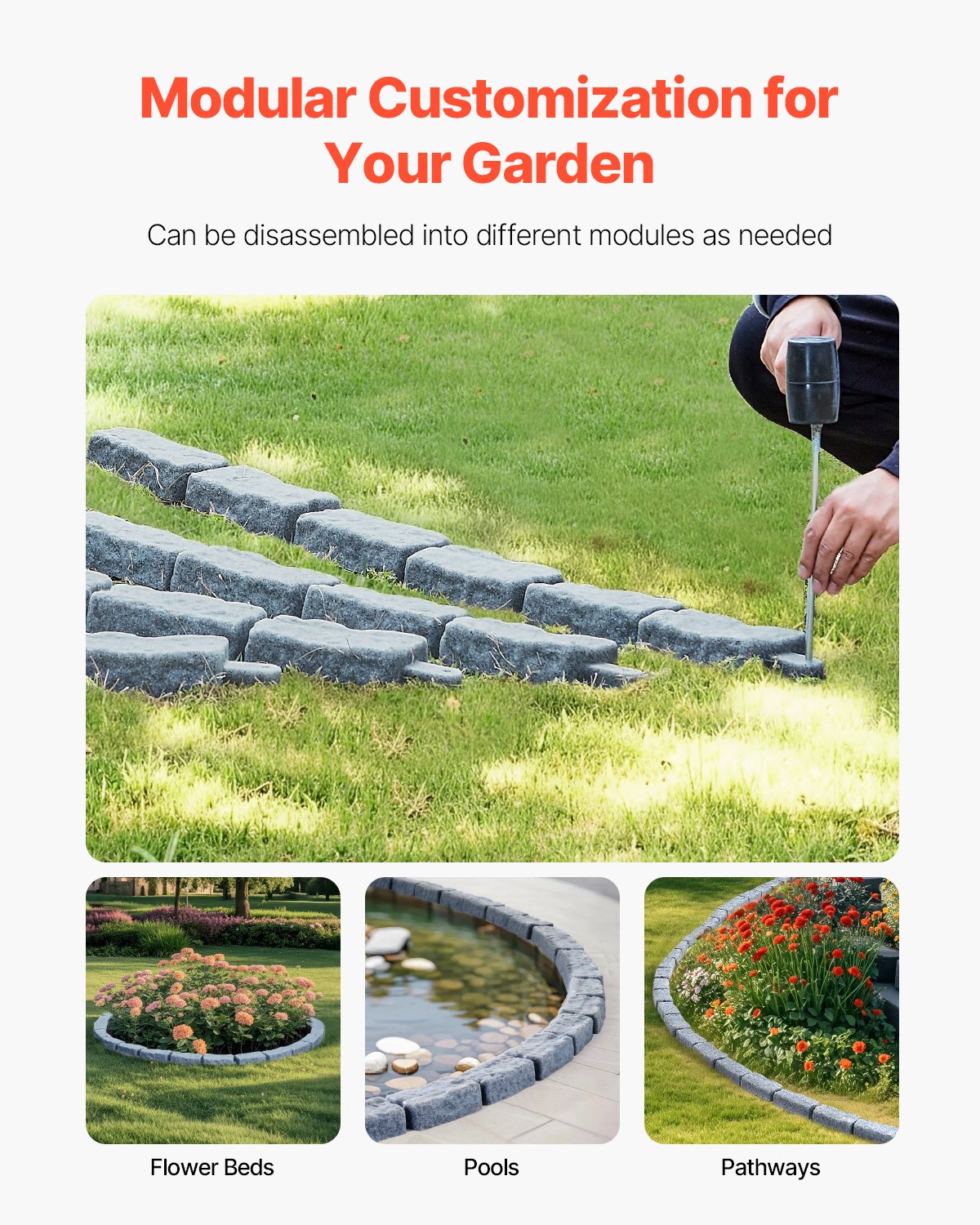 Faux Stone Landscape Edging, 46.4 x 2.2 in Realistic Lawn Edging, Flexible Brick-Sized Garden Edging Border with Anchoring Spikes, Fade-Resistant Yard Edging for Driveways Walkway Grey