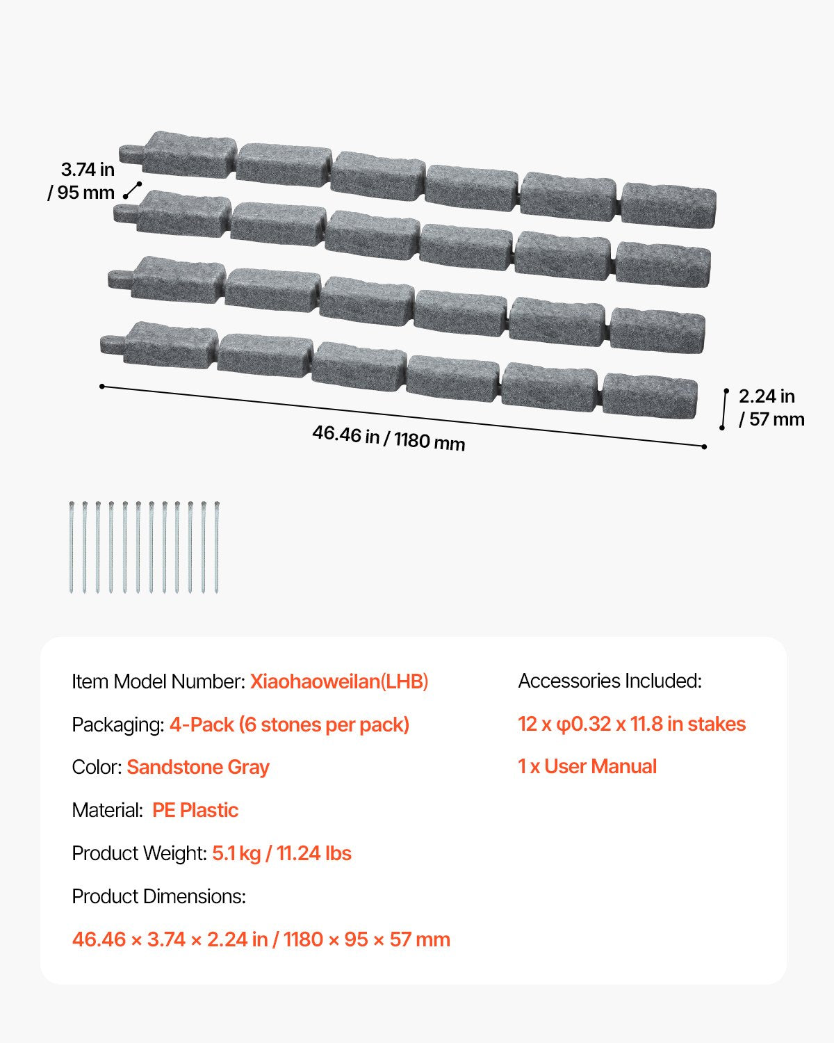 Faux Stone Landscape Edging, 46.4 x 2.2 in Realistic Lawn Edging, Flexible Brick-Sized Garden Edging Border with Anchoring Spikes, Fade-Resistant Yard Edging for Driveways Walkway Grey