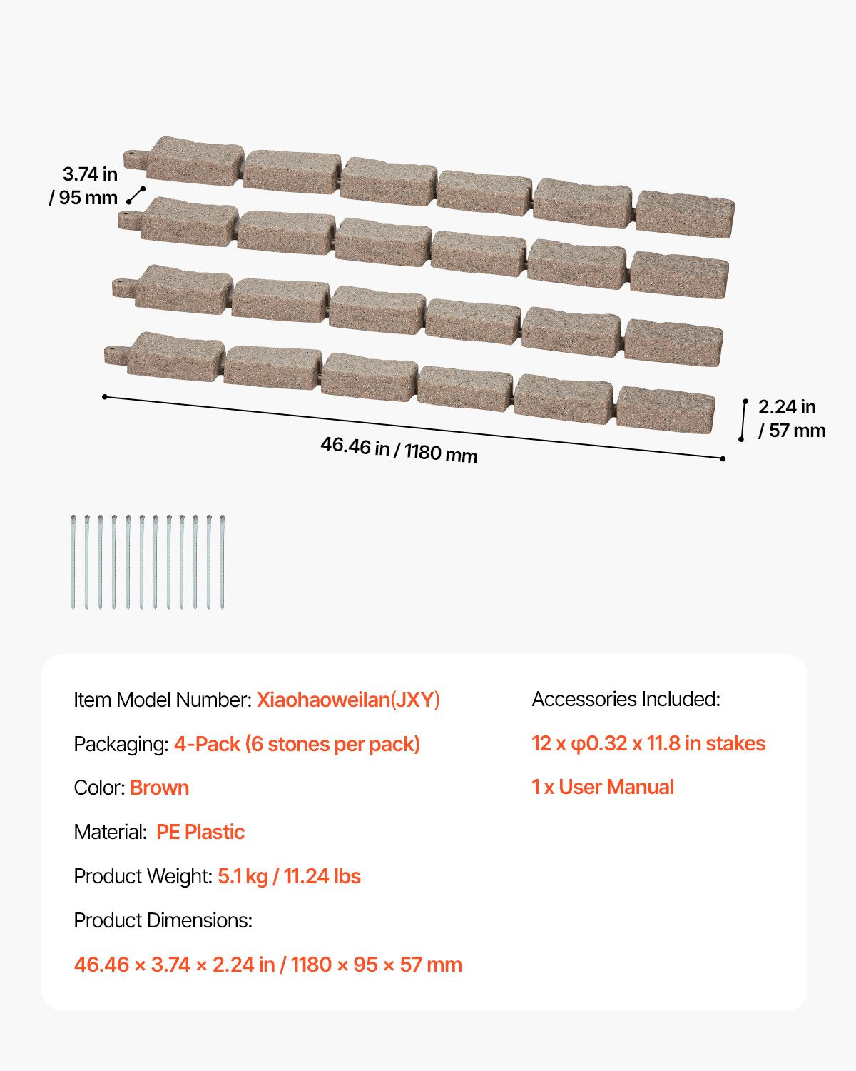 Faux Stone Landscape Edging, 46.4 x 2.2 in Realistic Lawn Edging, Flexible Brick-Sized Garden Edging Border with Anchoring Spikes, Fade-Resistant Yard Edging for Driveways Walkway Brown