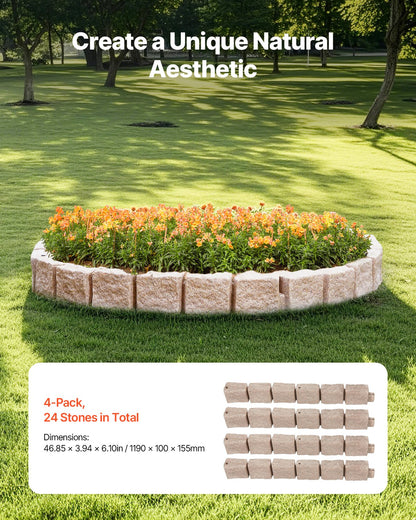 Faux Stone Landscape Edging 46.8 x 3.9 in Realistic Lawn Edging, Flexible Brick-Sized Garden Edging Border with Anchoring Spikes, Fade-Resistant Yard Edging for Driveways Walkway Beige