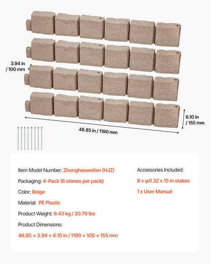 Faux Stone Landscape Edging 46.8 x 3.9 in Realistic Lawn Edging, Flexible Brick-Sized Garden Edging Border with Anchoring Spikes, Fade-Resistant Yard Edging for Driveways Walkway Beige