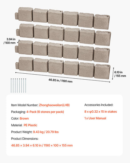 Faux Stone Landscape Edging, 46.8 x 3.9 in Realistic Lawn Edging, Flexible Brick-Sized Garden Edging Border with Anchoring Spikes, Fade-Resistant Yard Edging for Driveways Walkway Brown