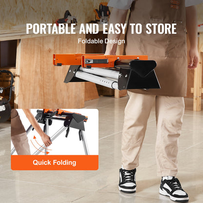 Gehrungssägenständer, Tragkraft 150 kg, zusammenklappbarer Stahlständer für Gehrungssägen mit einteiligen Montagehalterungen und Klemmen, höhenverstellbar von 74 bis 84 cm, tragbarer, kompakter und faltbarer Gehrungssägenständer