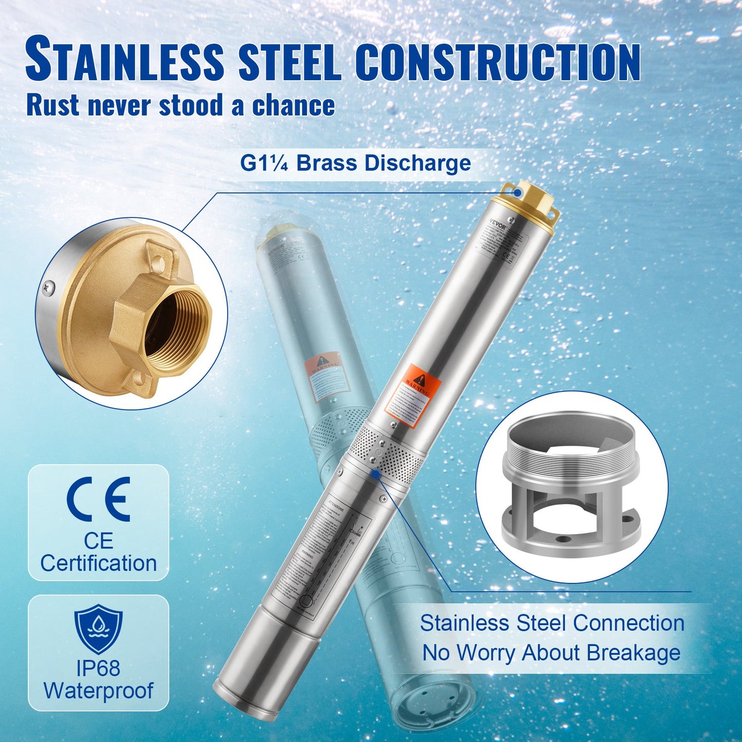 Tiefbrunnen-Tauchpumpe, 370 W, 230 V, 50 Hz, max. Fördermenge 5,3 m³/h, max. Förderhöhe 50 m, mit 9,1 m langem Netzkabel, Edelstahl-Wasserpumpe für industrielle Bewässerung und Hausgebrauch, Schutzart IP68 (wasserdicht).