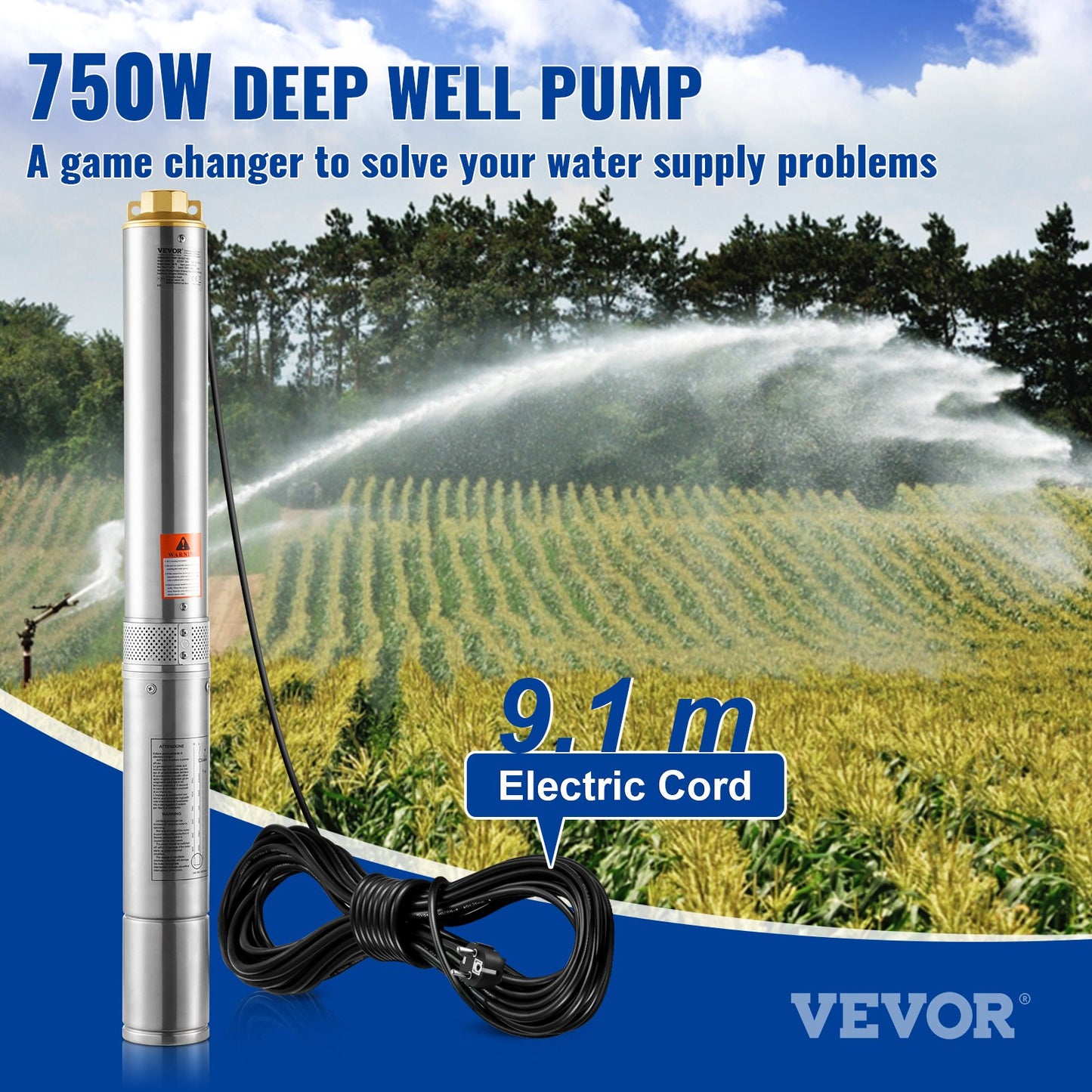 Tiefbrunnen-Tauchpumpe, 750 W, 230 V, 60 Hz, max. Fördermenge 7,1 m³/h, max. Förderhöhe 75 m, mit 9,1 m langem Stromkabel, Edelstahl-Wasserpumpe für Industrie, Bewässerung und Haushalt, Schutzart IP68 (wasserdicht).