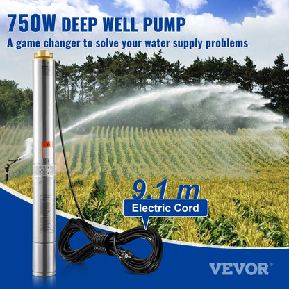 Tiefbrunnen-Tauchpumpe, 750 W, 230 V, 60 Hz, max. Fördermenge 7,1 m³/h, max. Förderhöhe 75 m, mit 9,1 m langem Stromkabel, Edelstahl-Wasserpumpe für Industrie, Bewässerung und Haushalt, Schutzart IP68 (wasserdicht).
