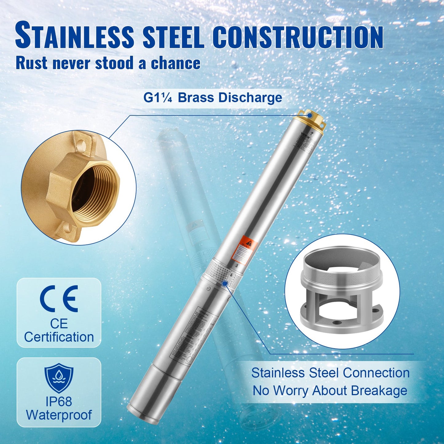 Tiefbrunnen-Tauchpumpe, 750 W, 230 V, 60 Hz, max. Fördermenge 7,1 m³/h, max. Förderhöhe 75 m, mit 9,1 m langem Stromkabel, Edelstahl-Wasserpumpe für Industrie, Bewässerung und Haushalt, Schutzart IP68 (wasserdicht).