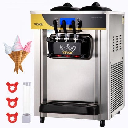 Gewerbliche Eismaschine, 22–30 l/h Leistung, 2200 W, Tischgerät mit Softeis, 2 x 6-l-Behälter, 2-l-Zylinder, LCD-Panel, Alarm bei Wassermangel, Frozen-Yogurt-Maschine für Restaurants, Snackbars, Silber