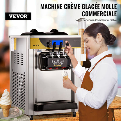 Gewerbliche Eismaschine, 22–30 l/h Leistung, 2200 W, Tischgerät mit Softeis, 2 x 6-l-Behälter, 2-l-Zylinder, LCD-Panel, Alarm bei Wassermangel, Frozen-Yogurt-Maschine für Restaurants, Snackbars, Silber