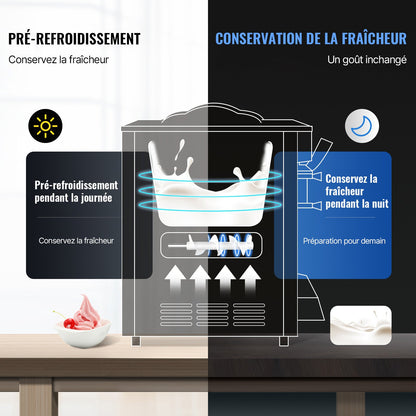 Gewerbliche Eismaschine, 22–30 l/h Leistung, 2200 W, Tischgerät mit Softeis, 2 x 6-l-Behälter, 2-l-Zylinder, LCD-Panel, Alarm bei Wassermangel, Frozen-Yogurt-Maschine für Restaurants, Snackbars, Silber