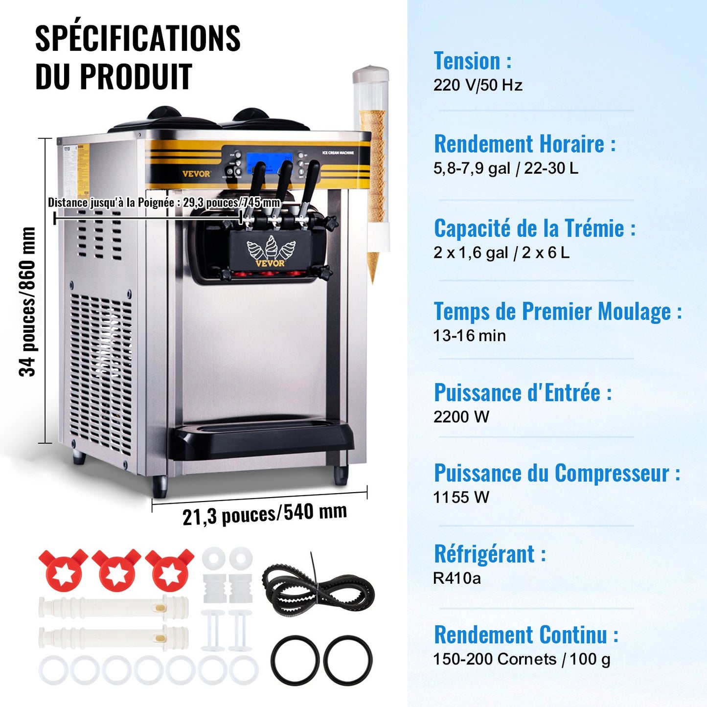 Gewerbliche Eismaschine, 22–30 l/h Leistung, 2200 W, Tischgerät mit Softeis, 2 x 6-l-Behälter, 2-l-Zylinder, LCD-Panel, Alarm bei Wassermangel, Frozen-Yogurt-Maschine für Restaurants, Snackbars, Silber