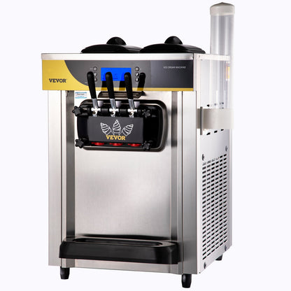 Gewerbliche Eismaschine, 22–30 l/h Leistung, 2200 W, Tischgerät mit Softeis, 2 x 6-l-Behälter, 2-l-Zylinder, LCD-Panel, Alarm bei Wassermangel, Frozen-Yogurt-Maschine für Restaurants, Snackbars, Silber