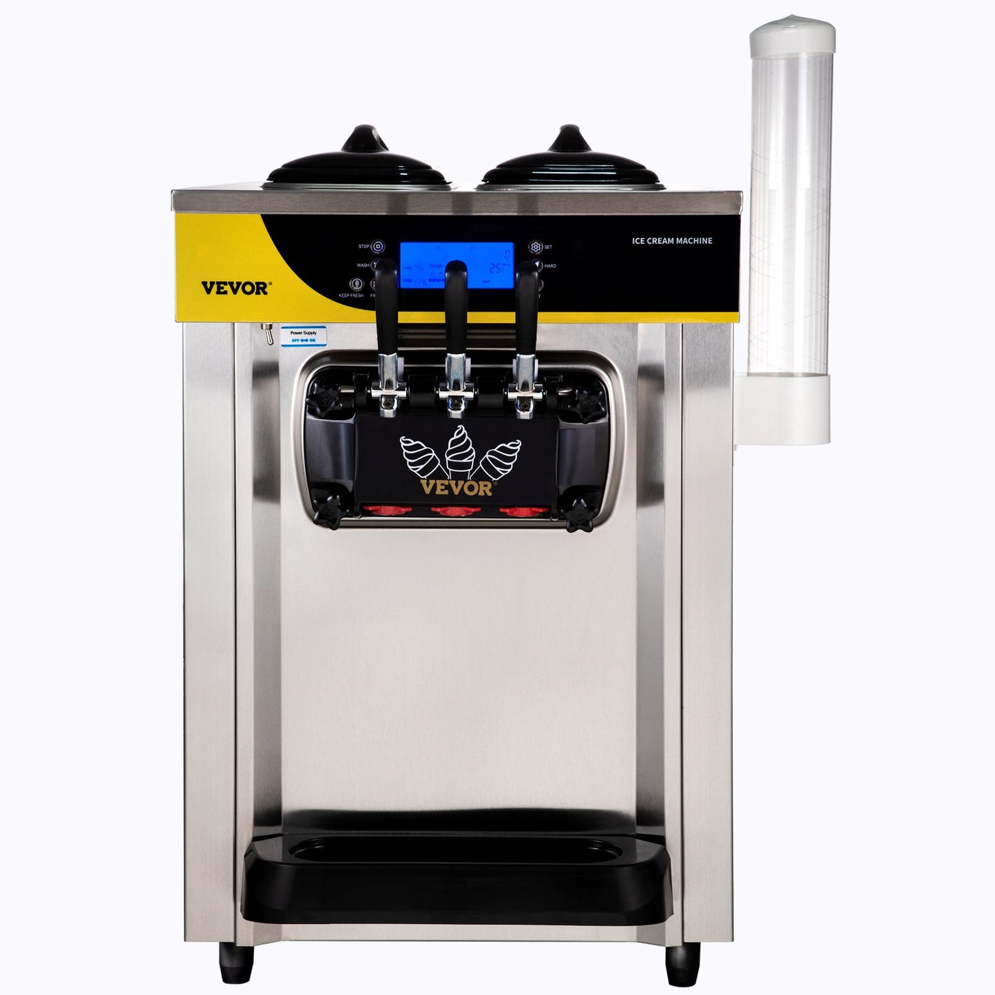 Gewerbliche Eismaschine, 22–30 l/h Leistung, 2200 W, Tischgerät mit Softeis, 2 x 6-l-Behälter, 2-l-Zylinder, LCD-Panel, Alarm bei Wassermangel, Frozen-Yogurt-Maschine für Restaurants, Snackbars, Silber