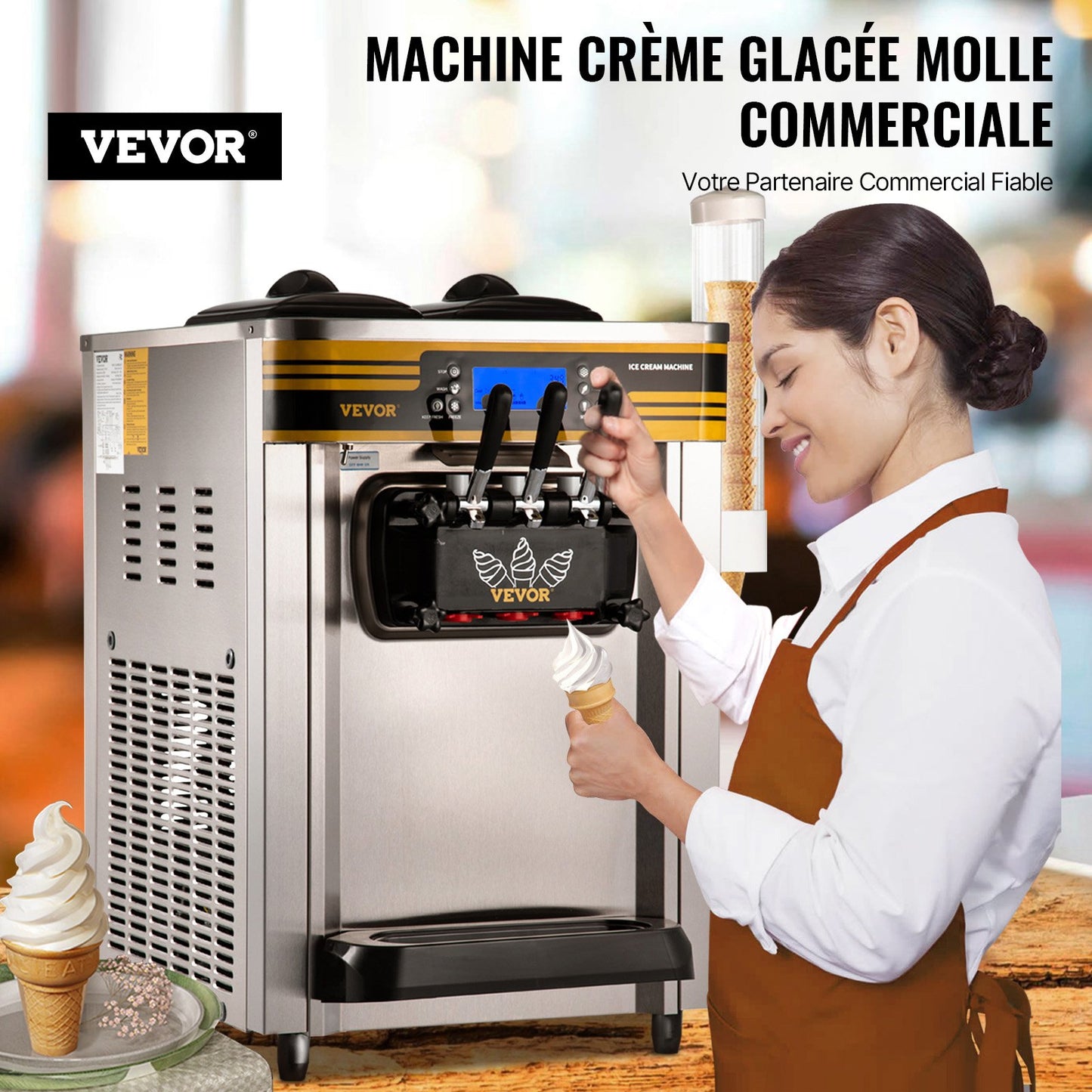 Gewerbliche Eismaschine, 22–30 l/h Leistung, 2350 W, Tischgerät mit Softeis, 2 x 6-l-Behälter, 2-l-Zylinder, LCD-Panel, Füllstandsanzeige, Alarm bei Füllstandsmangel, Frozen-Yogurt-Maschine für Restaurants, Snackbars, Silber