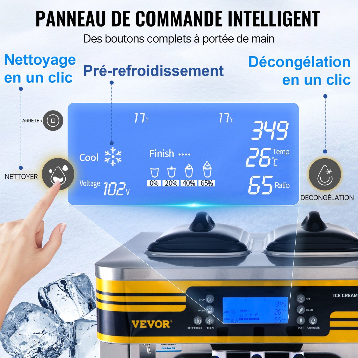 Gewerbliche Eismaschine, 22–30 l/h Leistung, 2350 W, Tischgerät mit Softeis, 2 x 6-l-Behälter, 2-l-Zylinder, LCD-Panel, Füllstandsanzeige, Alarm bei Füllstandsmangel, Frozen-Yogurt-Maschine für Restaurants, Snackbars, Silber