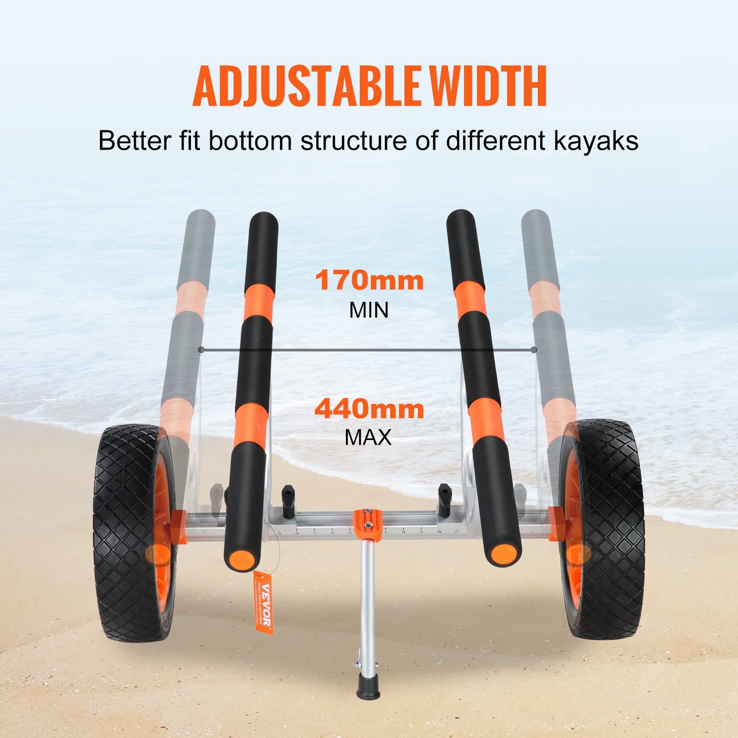 Heavy Duty Kayak Cart, 204.1 kg Load Capacity, Detachable Canoe Trolley Cart with 30.5 cm Solid Tires, Adjustable Width & Nonslip Support Foot, for Kayaks Canoes Paddleboards Float Mats Jon Boats