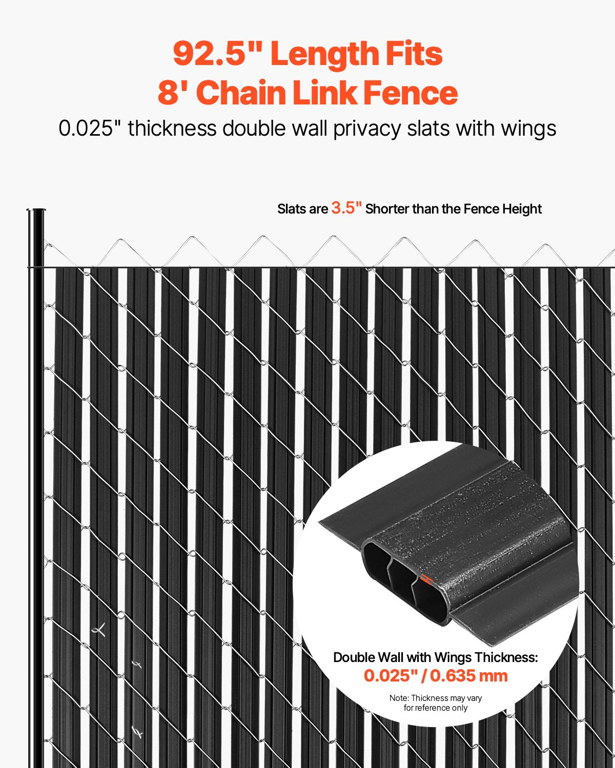 Bottom Locking Privacy Slats, Double-Wall Vertical Bottom-Locking Slats with Wings for Chain-Link Fence, High-Density HDPE Chain Link Slats Ideally Fit 8' High Fence for Garden and Farm(Black)