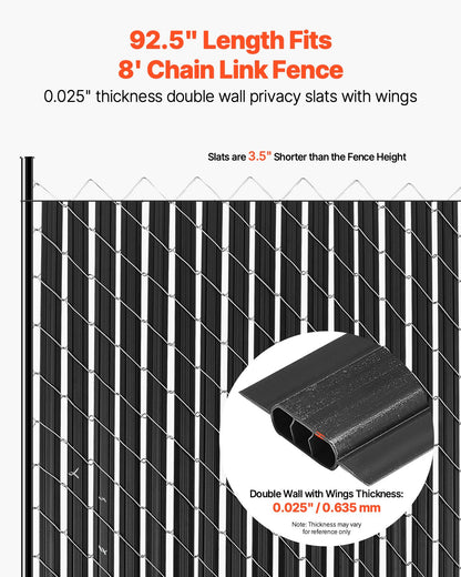 Bottom Locking Privacy Slats, Double-Wall Vertical Bottom-Locking Slats with Wings for Chain-Link Fence, High-Density HDPE Chain Link Slats Ideally Fit 8' High Fence for Garden and Farm(Black)