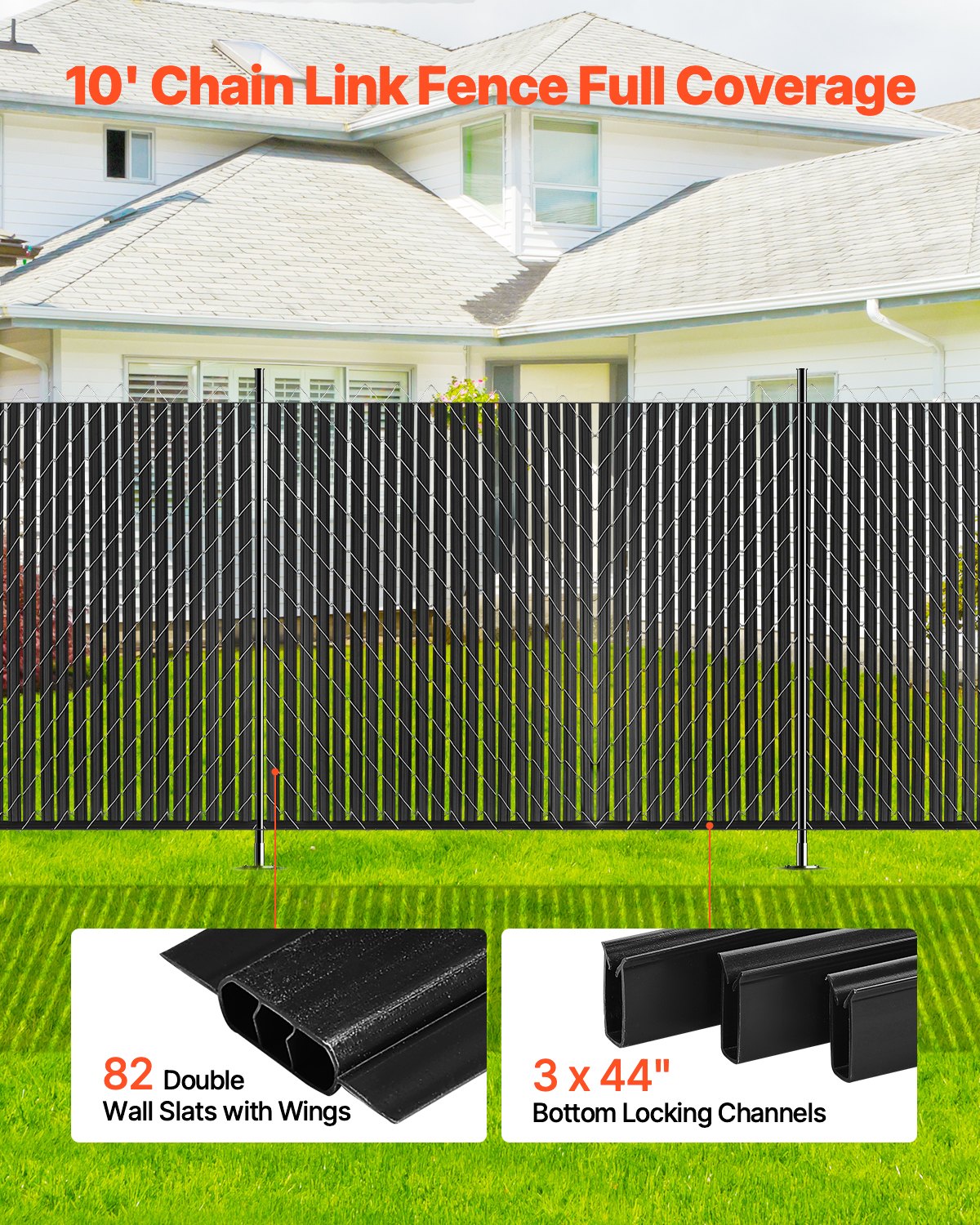 Bottom Locking Privacy Slats, Double-Wall Vertical Bottom-Locking Slats with Wings for Chain-Link Fence, High-Density HDPE Chain Link Slats Ideally Fit 8' High Fence for Garden and Farm(Black)