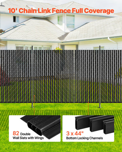 Bottom Locking Privacy Slats, Double-Wall Vertical Bottom-Locking Slats with Wings for Chain-Link Fence, High-Density HDPE Chain Link Slats Ideally Fit 8' High Fence for Garden and Farm(Black)