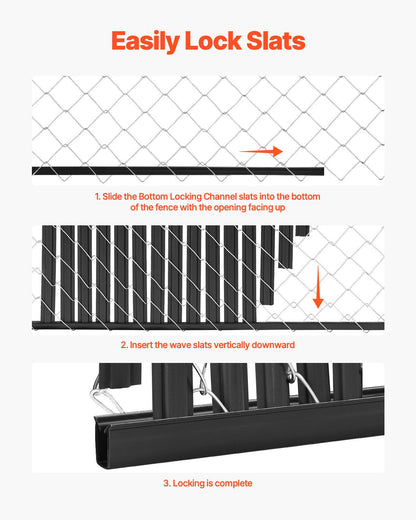 Bottom Locking Privacy Slats, Double-Wall Vertical Bottom-Locking Slats with Wings for Chain-Link Fence, High-Density HDPE Chain Link Slats Ideally Fit 8' High Fence for Garden and Farm(Black)