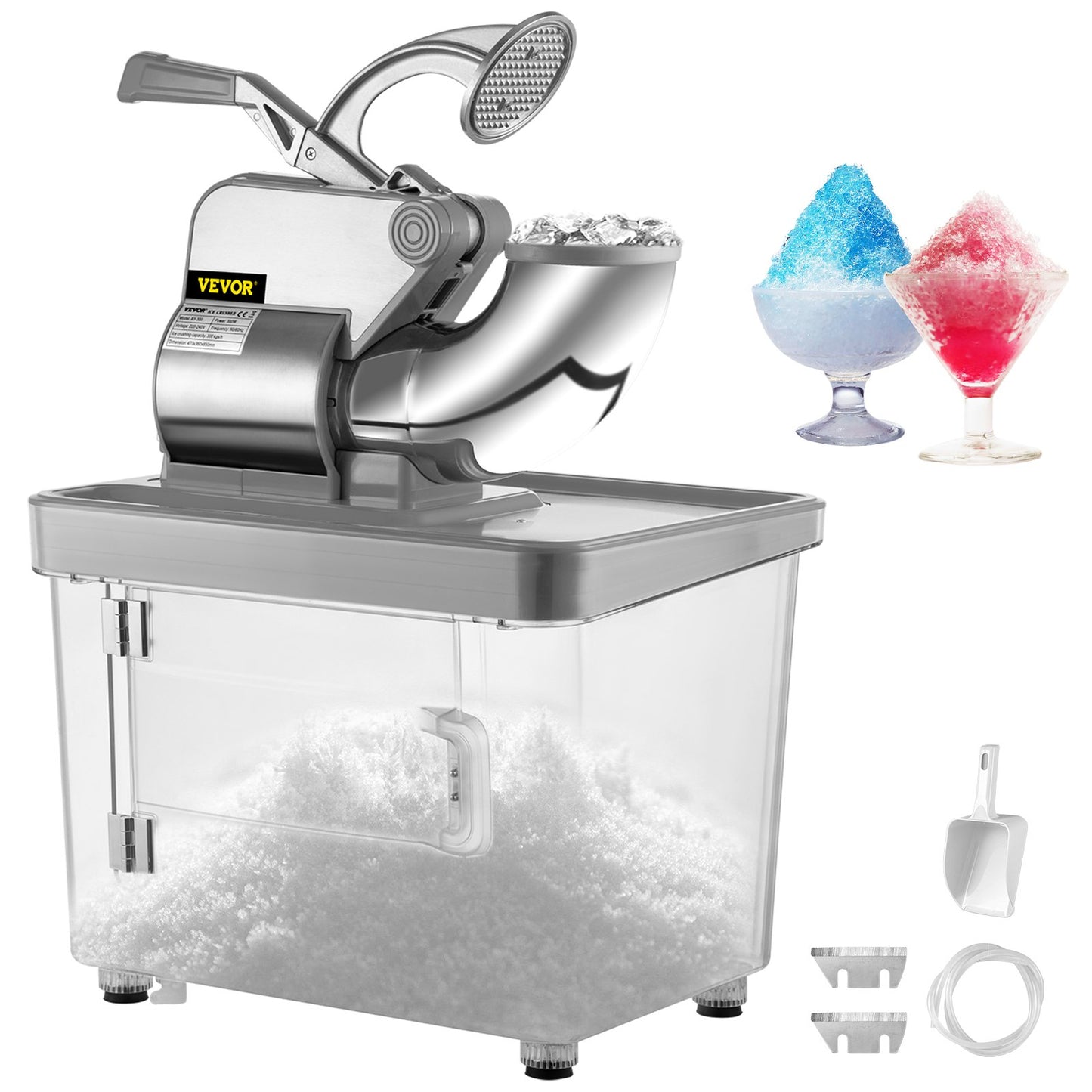 Gewerbliche Schneeeismaschine (180 kg/h), Gewerbliche Schneeballmaschine (1450 U/min), Schneeeismaschine mit isolierter Eisbox, Schneeeismaschine aus Edelstahl, silberfarben