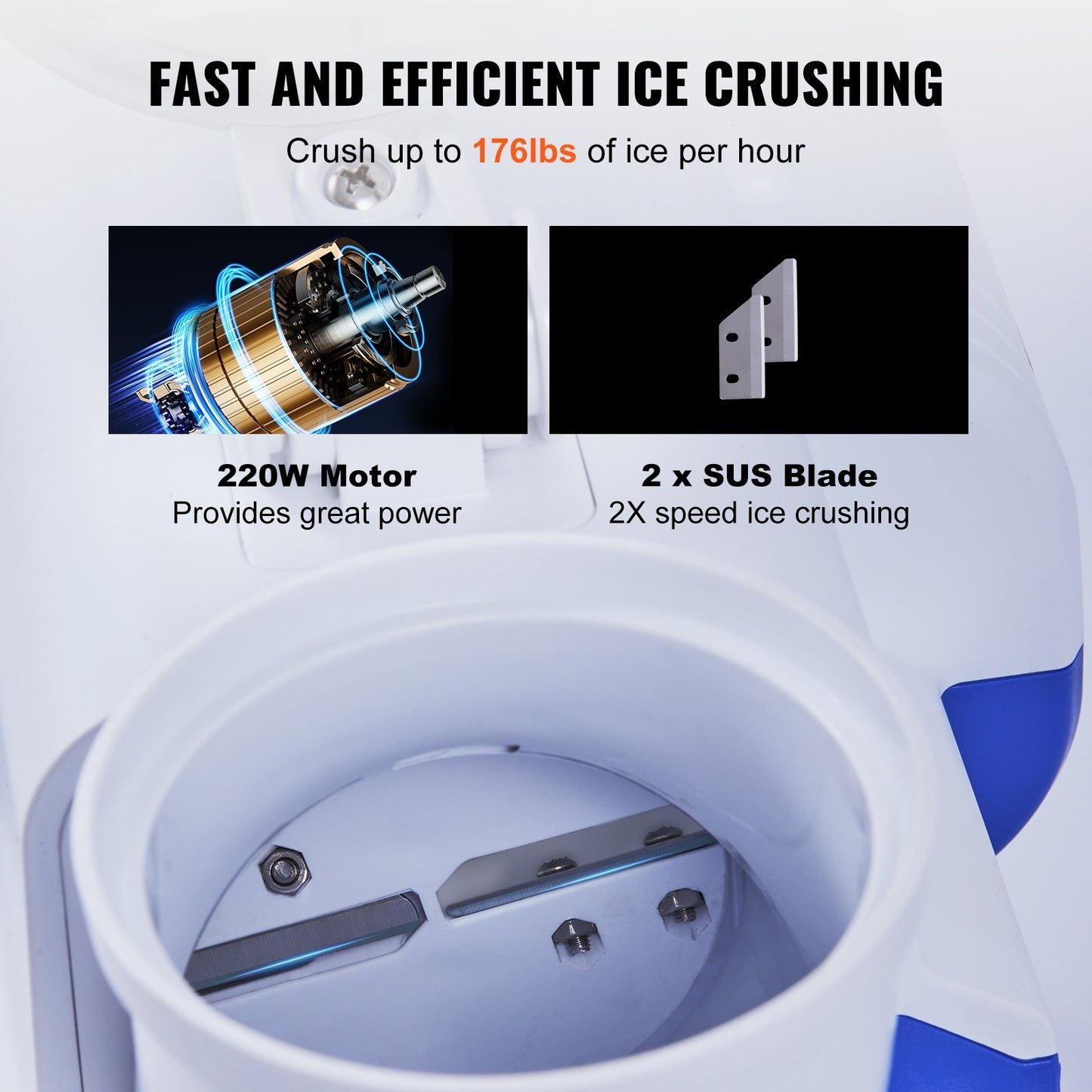 Elektrische Eiscrusher-Maschine, 80 kg/h, Schneekegelmaschine, geschabtes Eis, 180 W