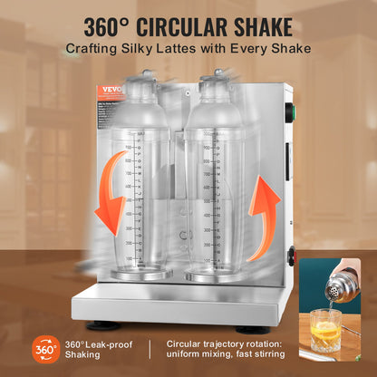 Milkshake Maker Machine, 120W Commercial Milk Tea Shaker Machine, Double Head Milk Shake Mixer Machine, 0-180s Adjustable Milkshake Blender, with 1 L PC Cup, for Milk Tea Store