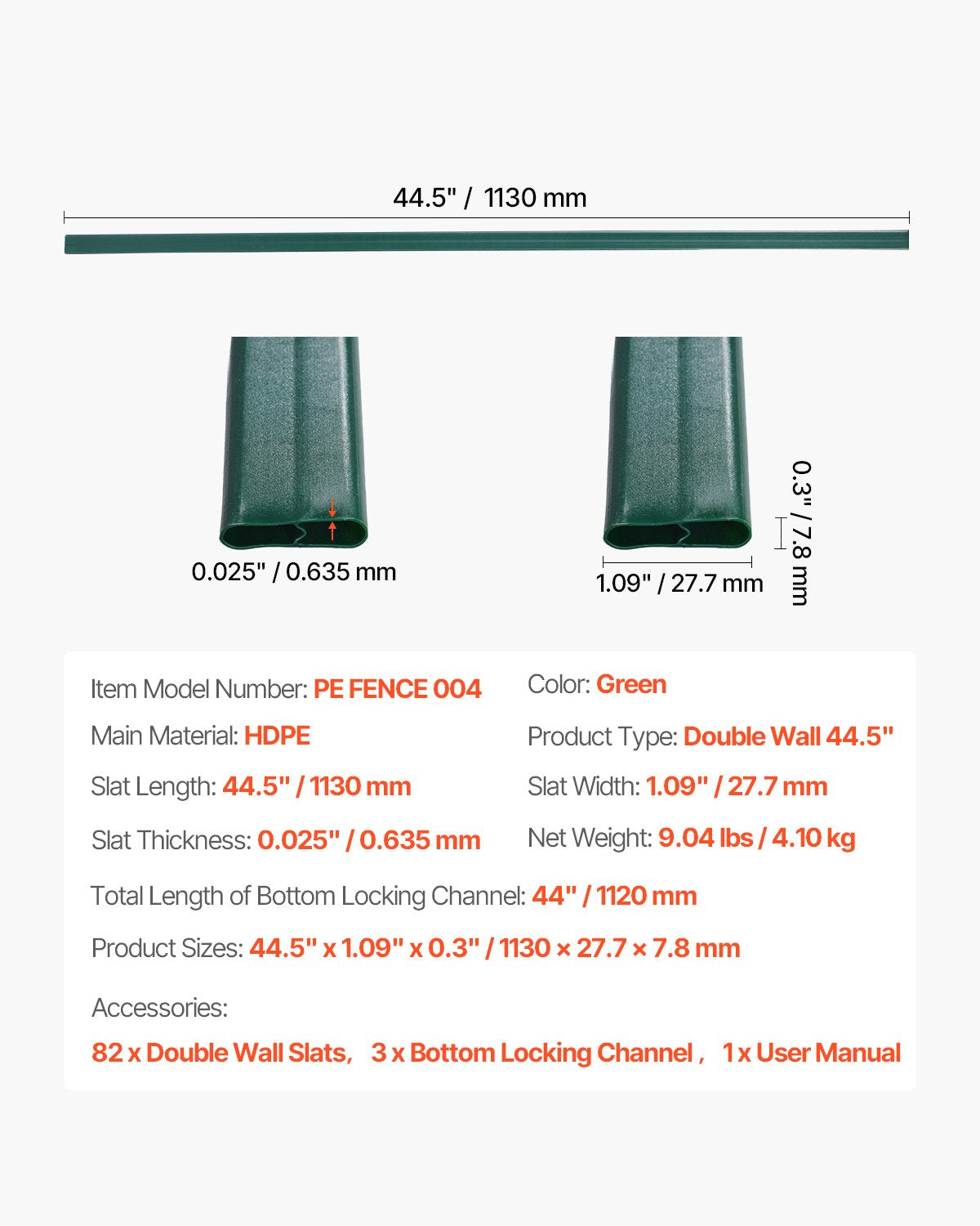 Bottom Locking Privacy Slats, Double-Wall Vertical Bottom-Locking Slats for Chain-Link Fence, High-Density HDPE Chain Link Slats Ideally Fit 4' High Fence for Garden, Farm, Sports Field(Green)