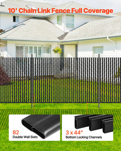 Bottom Locking Privacy Slats, Double-Wall Vertical Bottom-Locking Slats for Chain-Link Fence, High-Density HDPE Chain Link Slats Ideally Fit 6' High Fence for Garden, Farm, Sports Field(Black)