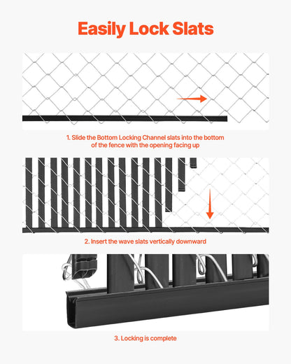 Bottom Locking Privacy Slats, Double-Wall Vertical Bottom-Locking Slats for Chain-Link Fence, High-Density HDPE Chain Link Slats Ideally Fit 6' High Fence for Garden, Farm, Sports Field(Black)