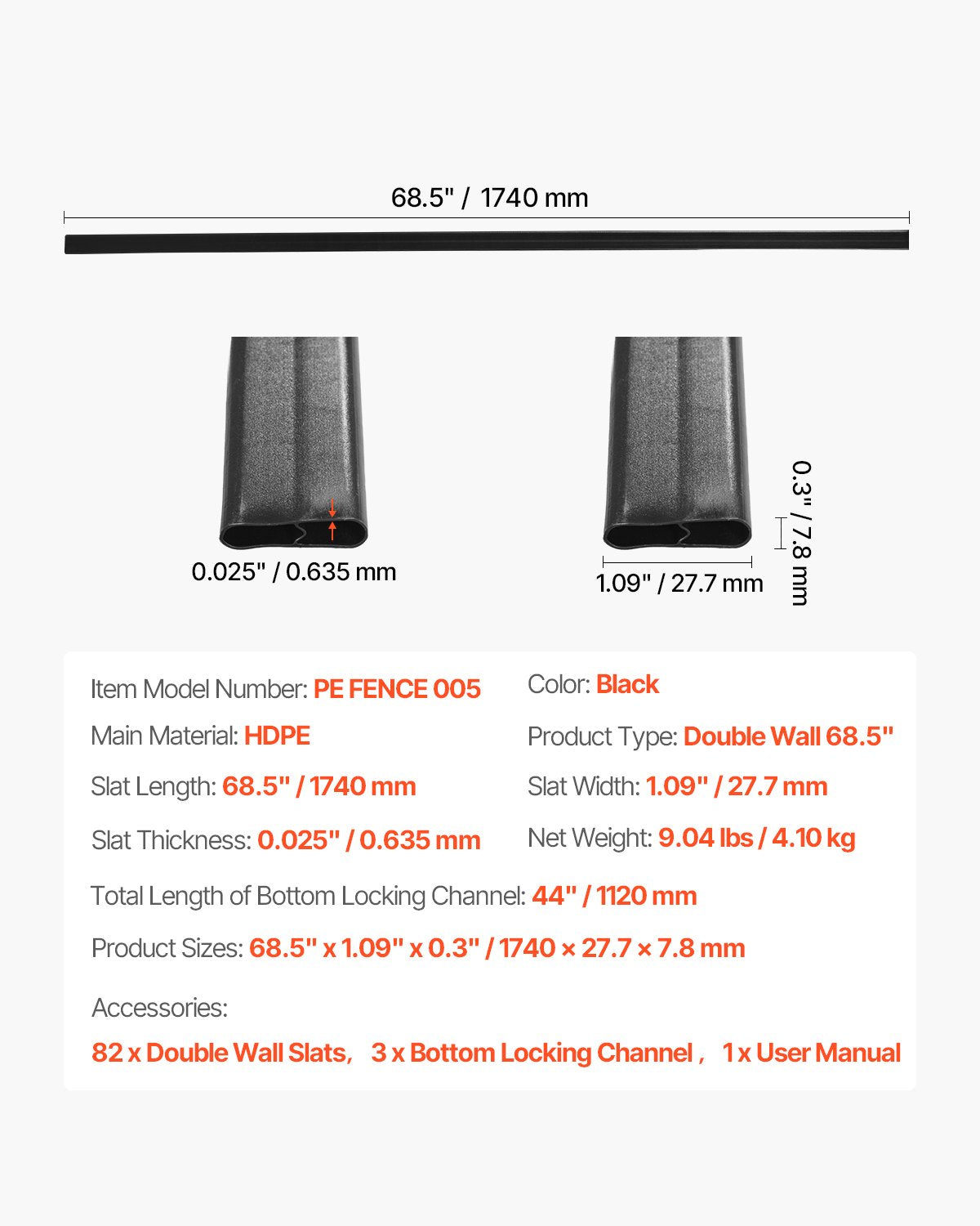 Bottom Locking Privacy Slats, Double-Wall Vertical Bottom-Locking Slats for Chain-Link Fence, High-Density HDPE Chain Link Slats Ideally Fit 6' High Fence for Garden, Farm, Sports Field(Black)