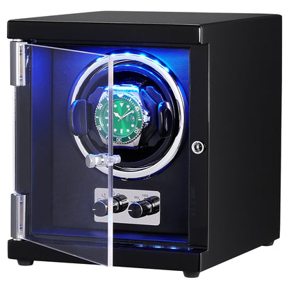 Watch Winder, Single Watch Winder for Men's and Women's Automatic Watch, with Super Quiet Japanese Mabuchi Motor, Blue LED Light and Adapter, High-Density Board Shell and Black PU