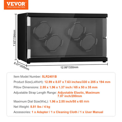 Uhrenbeweger für 4 Herren- und Damen-Automatikuhren, mit 2 superleisen japanischen Mabuchi-Motoren, blauer LED-Beleuchtung und Netzteil, robustem Gehäuse und schwarzem PU-Bezug