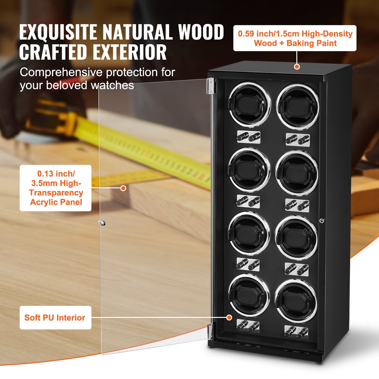 Uhrenbeweger für 8 Herren- und Damen-Automatikuhren, mit 8 superleisen japanischen Mabuchi-Motoren, blauer LED-Beleuchtung und Netzteil, robustem Gehäuse und schwarzem PU-Bezug