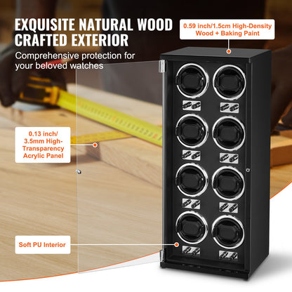 Uhrenbeweger für 8 Herren- und Damen-Automatikuhren, mit 8 superleisen japanischen Mabuchi-Motoren, blauer LED-Beleuchtung und Netzteil, robustem Gehäuse und schwarzem PU-Bezug