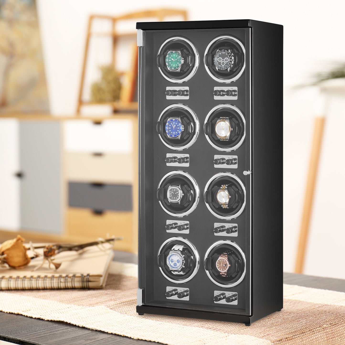 Uhrenbeweger für 8 Herren- und Damen-Automatikuhren, mit 8 superleisen japanischen Mabuchi-Motoren, blauer LED-Beleuchtung und Netzteil, robustem Gehäuse und schwarzem PU-Bezug