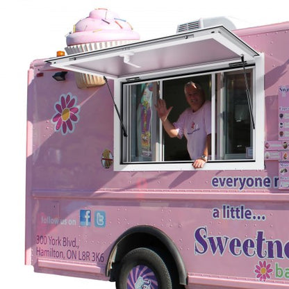 Verkaufsfenster für Imbisswagen, 91 x 61 cm großes Servicefenster aus Aluminiumlegierung, bis zu 85 Grad zu öffnendes Fenster mit 2 Schiebefenstern, Markisentür und Schlepphaken, für Imbisswagenanhänger