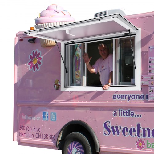 Verkaufsfenster für Imbisswagen, 91 x 61 cm großes Servicefenster aus Aluminiumlegierung, bis zu 85 Grad zu öffnendes Fenster mit 2 Schiebefenstern, Markisentür und Schlepphaken, für Imbisswagenanhänger