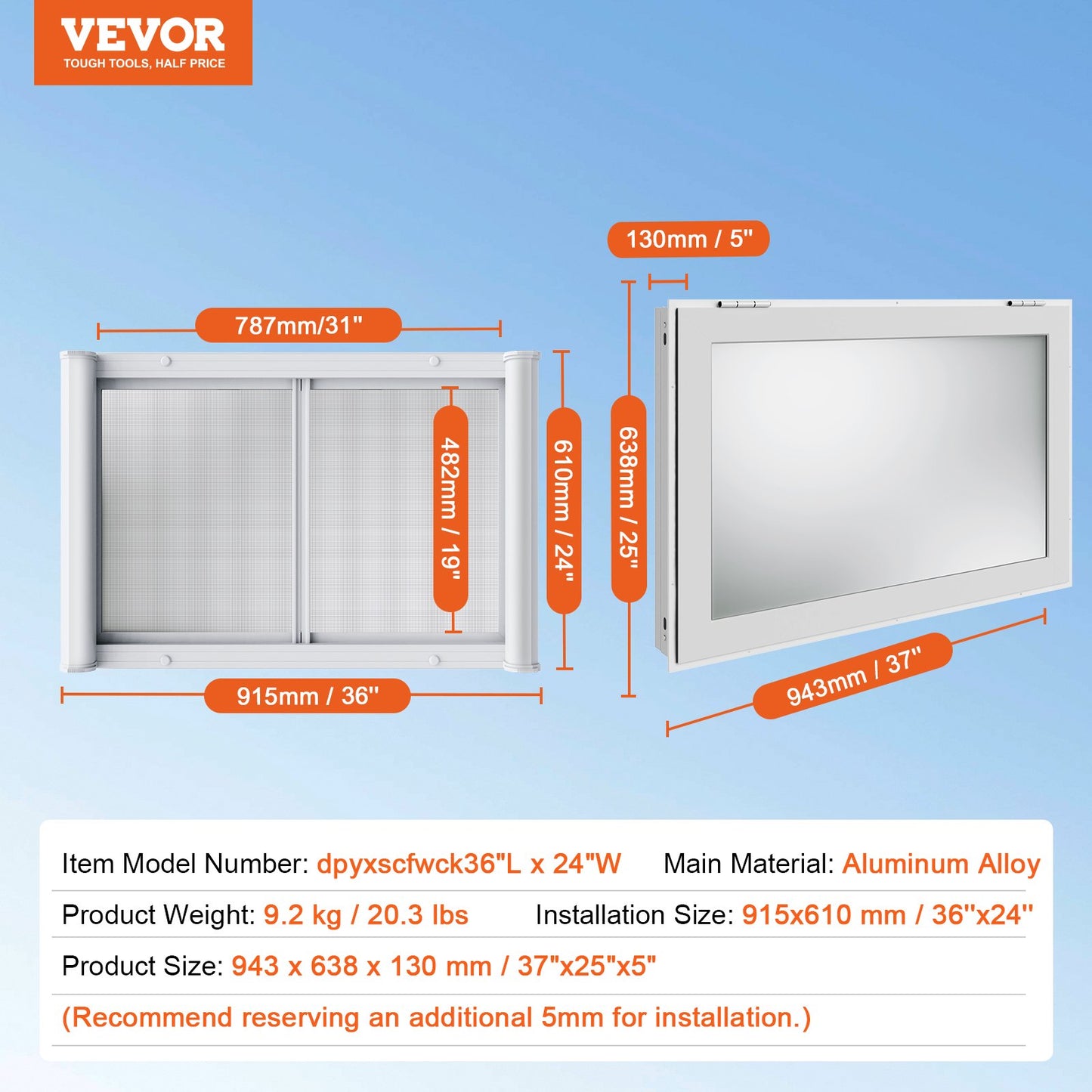 Verkaufsfenster für Imbisswagen, 91 x 61 cm großes Servicefenster aus Aluminiumlegierung, bis zu 85 Grad zu öffnendes Fenster mit 2 Schiebefenstern, Markisentür und Schlepphaken, für Imbisswagenanhänger