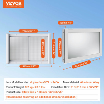 Verkaufsfenster für Imbisswagen, 91 x 61 cm großes Servicefenster aus Aluminiumlegierung, bis zu 85 Grad zu öffnendes Fenster mit 2 Schiebefenstern, Markisentür und Schlepphaken, für Imbisswagenanhänger