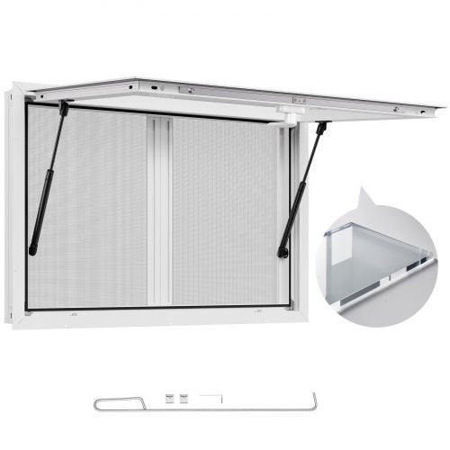 Verkaufsfenster 92x61 cm, Servicefenster aus Aluminiumlegierung für Imbisswagen, bis zu 85 Grad schwenkbares Standfenster mit 2 Schiebefenstern, Ausstelltür und Schlepphaken, für Verkaufsanhänger