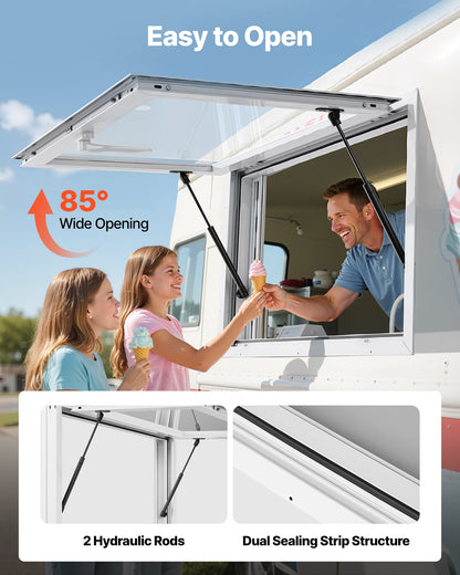 Verkaufsfenster 92x61 cm, Servicefenster aus Aluminiumlegierung für Imbisswagen, bis zu 85 Grad schwenkbares Standfenster mit 2 Schiebefenstern, Ausstelltür und Schlepphaken, für Verkaufsanhänger