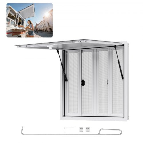 Verkaufsfenster 92x92 cm, Servicefenster aus Aluminiumlegierung für Imbisswagen, bis zu 85 Grad schwenkbares Standfenster mit 4 Schiebefenstern, Markisentür und Schlepphaken, für Verkaufsanhänger