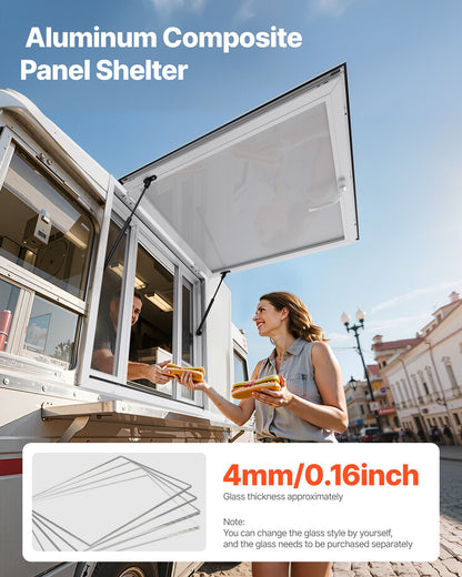 Concession Window 92x92 cm, Aluminum Alloy Service Window for Food Truck, Up to 85 Degrees Stand Serving Window with 4 Sliding Windows, Awning Door, and Drag Hook, for Concession Trailers