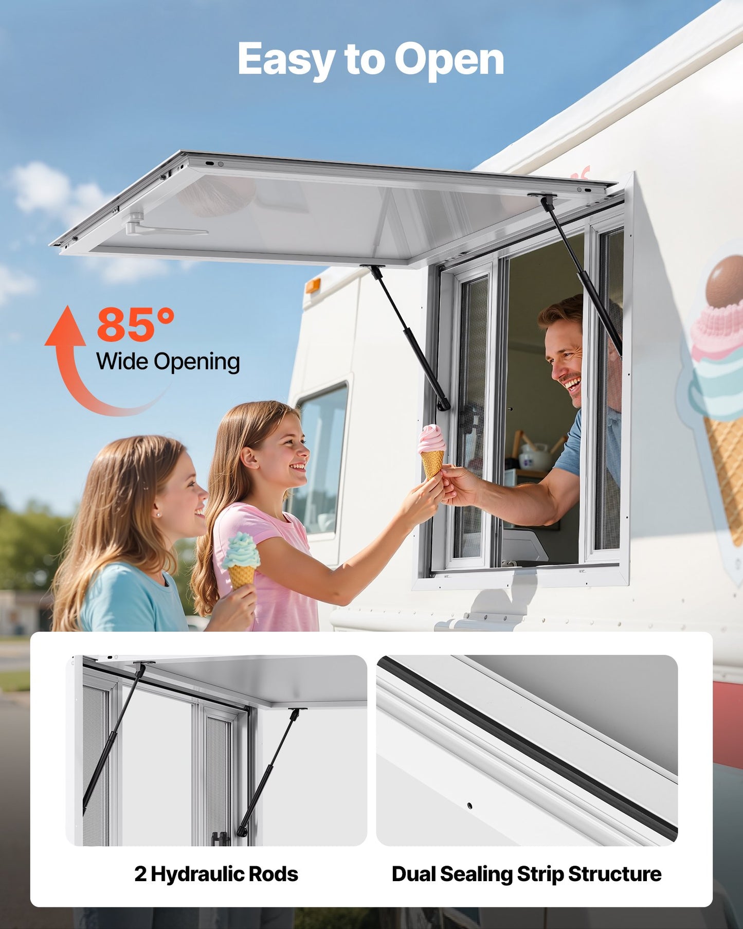 Concession Window 92x92 cm, Aluminum Alloy Service Window for Food Truck, Up to 85 Degrees Stand Serving Window with 4 Sliding Windows, Awning Door, and Drag Hook, for Concession Trailers