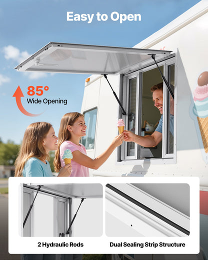 Concession Window 92x92 cm, Aluminum Alloy Service Window for Food Truck, Up to 85 Degrees Stand Serving Window with 4 Sliding Windows, Awning Door, and Drag Hook, for Concession Trailers