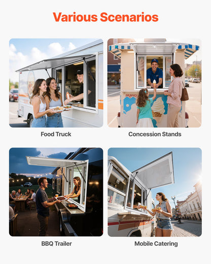 Concession Window 92x92 cm, Aluminum Alloy Service Window for Food Truck, Up to 85 Degrees Stand Serving Window with 4 Sliding Windows, Awning Door, and Drag Hook, for Concession Trailers