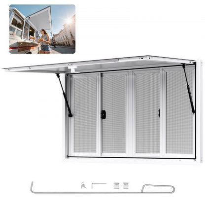 Verkaufsfenster 135x84 cm, Servicefenster aus Aluminiumlegierung für Imbisswagen, bis zu 85 Grad schwenkbares Standfenster mit 4 Schiebefenstern, Markisentür und Schlepphaken, für Verkaufsanhänger