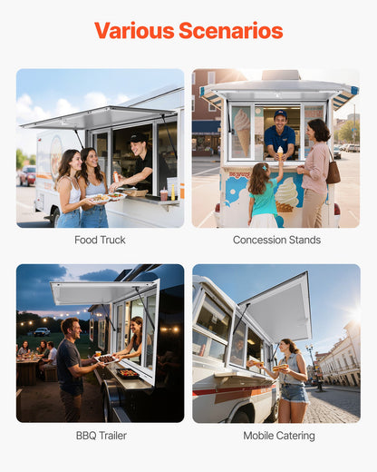 Verkaufsfenster 135x84 cm, Servicefenster aus Aluminiumlegierung für Imbisswagen, bis zu 85 Grad schwenkbares Standfenster mit 4 Schiebefenstern, Markisentür und Schlepphaken, für Verkaufsanhänger